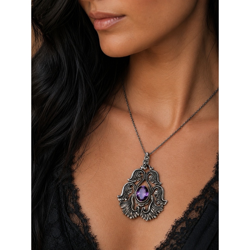 Vintage Amethyst 925 Sterling Silver Pendant Large Ornate Floral Statement 2.25"